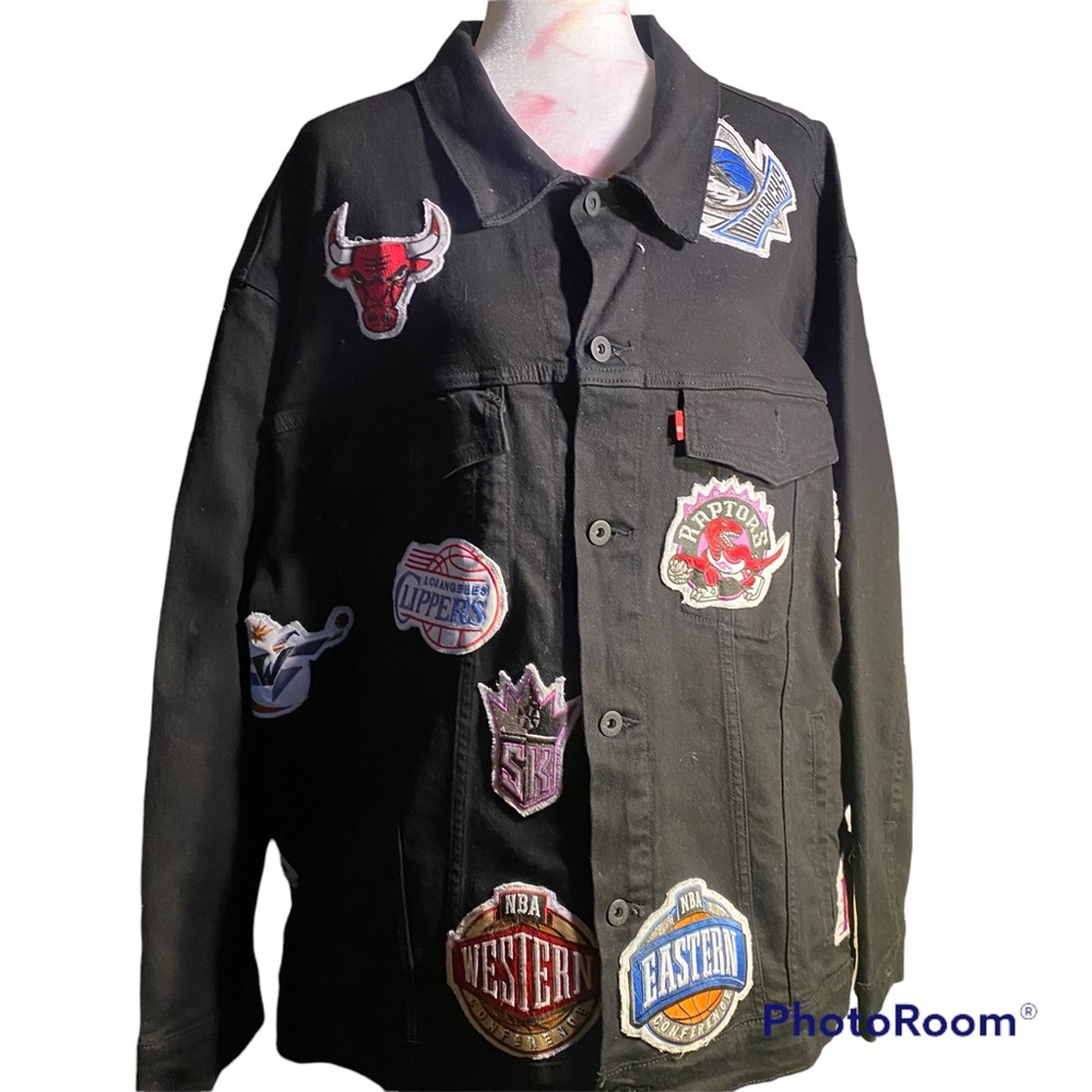 Black denim sport patch jean jacket, rare.